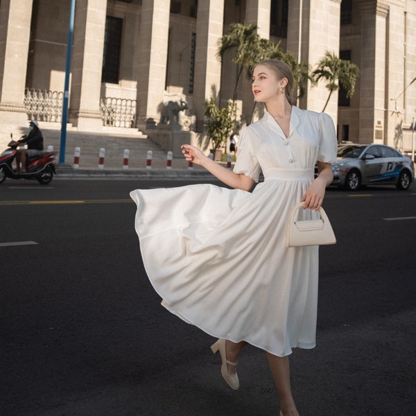 Vintage dress - Silk Dress - White Dress - Bridesmaid Dresses - Engagement dress - Gift For Her - Reception Dress - Graduation Dress