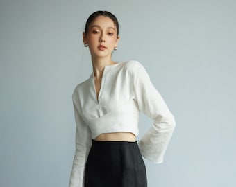 100% Premium Linen Long Sleeves Blouse/ Linen Office Blouse / Graduation Linen Blouse / Flared Sleeve Blouse / Women Day Gift LAA86