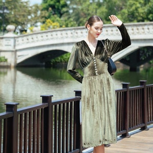 Olive Velvet Dress/ Velvet Bridesmaid Dress/ Velvet Long Dress/ Velvet Long Sleeve Dress/ Winter Dress/ GIft For Her/ Office Dress LAA202