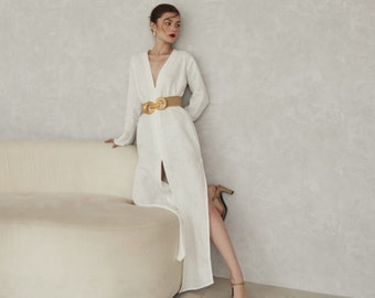 100% Premium Linen Dress Washed - White Dress - Flax Dress - Maxi Dress - Party Dress - Reception Dress - Over Size Dress LAA79