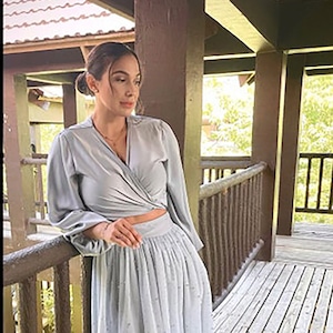 Silk Wrap Blouse / Women Blouse / Long Sleeve Blouse / Loose Blouse / Puff Sleeve Top / Summer Blouse / Office Blouse LAA65