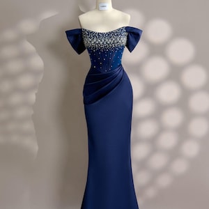 Navy Kleid - Langes Satin Kleid - Party Kleid - Kalte Schulter Kleid - Brautsmade Kleid - Geschenk für Sie - Verlobung Kleid - Geschenk für die Braut