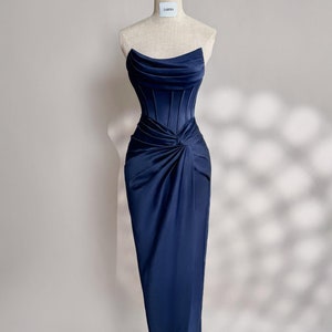 Navy Dress - Long Satin dress - Party Dress - Cold Shoulder Dress - Bridesmades Dress - Gift For Her - Christmas Dress - Gift For Bride