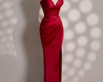 Red Dress - Long Satin dress - Party Dress - Cold Shoulder Dress - Bridesmades Dress - Gift For Her - Christmas Dress - Gift For Bride