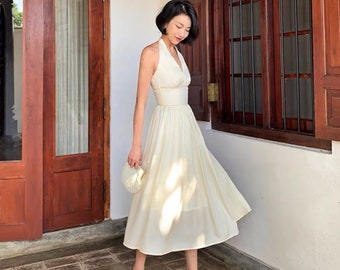 Halter Neck Dress - Ivory Dress - Midi Dress - Bridesmaid Dresses - Silk Dress - Gift For Her - Over Size Dress - Party Dress LAA108