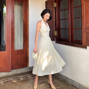 Halter Neck Dress - Ivory Dress - Midi Dress - Bridesmaid Dresses - Silk Dress - Gift For Her - Over Size Dress - Party Dress LAA108