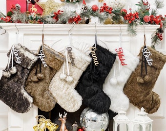 Long Faux Fur Christmas Stocking Personalized With Cutout Wood Name Tag/ Christmas Stocking Xmas Decor/ Gift For Family / Christmas Gift