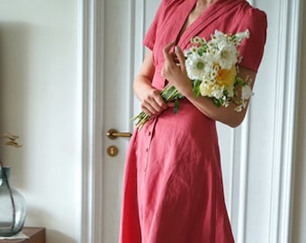 Flax Dress - Linen dress - Vintage Dress - Midi Dress - Button Down Linen Dress - Classic Linen Dress- Over Size Dress - Gift For Her