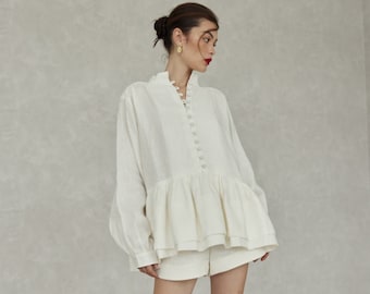 100% Premium Linen Set - Puffy Long Sleeve Linen Blouse - Short Linen Pants - Cover Buttons Linen Blouse -Linen Outfit - Gift For Her LAA164