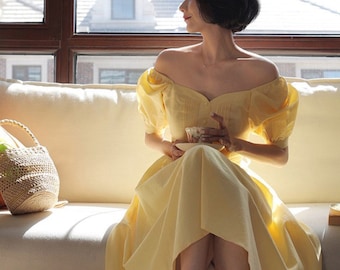 Yellow Dress - Graduation Dress - Flax Dress - Linen dress - Vintage Dress - Midi Dress - Button Down Linen Dress - Gift For Her LAA29