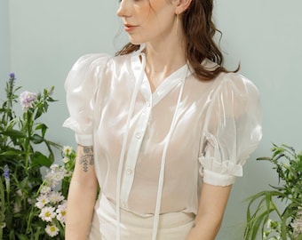 Silk long sleeves button down shirt / Organza Blouse / Silk blouse /Women Blouse / Summer Clothing / Women Day Gift LAA70