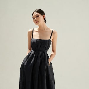 100% Premium Linen Washed - Black Dress - Flax Dress - Maxi Dress Party Dress - Maternity Dress - Over Size Dress Cold Shoulder Dress LAA81