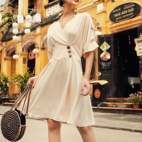 Silk dress - Mini Dress - Summer dress - Short dress- Bridesmaid dresses -Summer Dress - Plus size dress- Wooden Button Dress - Gift for her