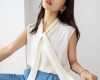 Bow Silk Blouse / Women Blouse / White Silk Blouse / Sleeveless Blouse / Loose Blouse / Graduation Blouse LAA59