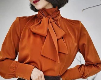 Silk blouse for women - Long Sleeves Blouse - Silk Blouse - Tie Bow Silk blouse - Puff sleeves top- Gift For Her - Valentine gift LAA50