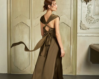 Cross Back Dress - Olive Dress - Silk dress - Wedding guest dress - Party Dress - Bridesmaids dress - Gift for her LAA116