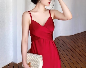 Vestido midi envolvente /Vestido de seda /Vestido rojo / Vestido de verano / Vestido de compromiso / Vestido de damas de honor / Vestido de invitada de boda / REGALO para ella LAA112