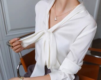 Silk blouse for women - Long Sleeves Silk Shirt - Tie Silk blouse - Puff sleeves top - Office Blouse - Valentine Gift LAA45