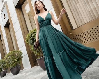 Emerald Green Dress - Party Dress - Bridesmaid dresses - Silk Dress - Wedding dress- Pleated Dress - Gift for her - Maxi Dress LAA135