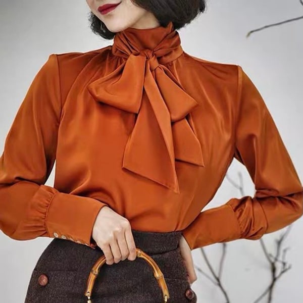 Silk blouse for women - Long Sleeves Blouse - Silk Blouse - Tie Bow Silk blouse - Puff sleeves top- Gift For Her - Valentine gift LAA50