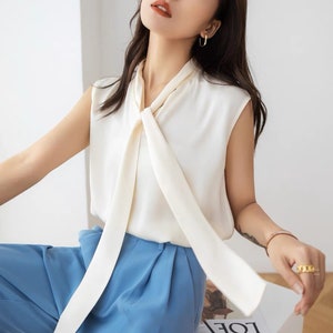 Bow Silk Blouse / Women Blouse / White Silk Blouse / Sleeveless Blouse / Loose Blouse / Graduation Blouse LAA59