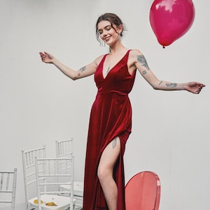 Christmas Red Velvet Dress / Sleeveles Velvet Dress / High Split Dress / Velvet Bridesmaid Dress / Long Dress Velvet LAA130