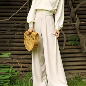 Silk Pants Silk Satin Trousers High-waisted Light Beige Silk Pants Silk  Straight-leg Pants Silk Palazzo Trousers Silk Lounge Pants 