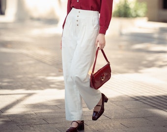 White Linen Trousers - Plus Size Trousers - High waisted pants - Wide Leg Trousers - Casual Pants - Gift For Her - Graduation Pants