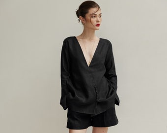 Ensemble 100 % lin haut de gamme - Blouse en lin à manches longues - Short en lin - Ensemble en lin noir - Ensemble en lin - Blouse en lin à col en V profond - LAA89