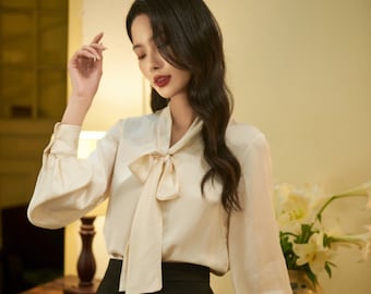 Silk blouse for women - Long Sleeves Silk Shirt - Tie Silk blouse - Puff sleeves top - Office Blouse - Valentine Gift LAA45