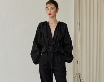 100% Premium Linen Set - Puffy Long Sleeves Linen Bloue - Linen Trousers - Black Linen Set - Linen Outfit - Deep V Neck Linen Blouse -LAA159