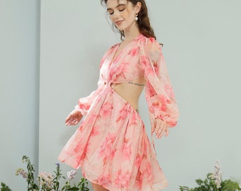 Vestido de gasa con estampado floral - Minivestido - Vestido de playa - Vestido de compromiso - Vestido de verano - Regalo para ella - Vestido con cintura descubierta LADR058