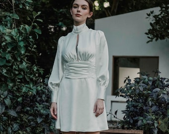 Halter neck dress - Silk Dress - Ivory Dress - Simple Wedding Dress  - Engagement dress -Wedding Guest Dress- Mini Dress LADR067