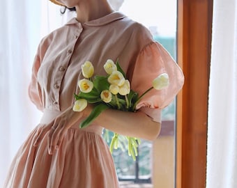Dusty Rose Dress - Graduation Dress - Flax Dress - Linen dress - Vintage Dress - Midi Dress - Lolita Dress - Gift For Her LAA35