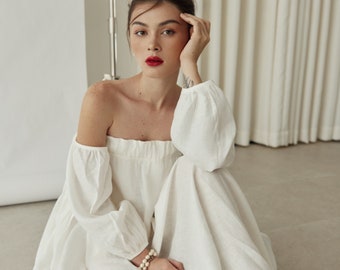 100% Premium Linnen Gewassen - Witte Jurk - Linnen Jurk - Maxi Jurk - Feestjurk - Zwangerschapsjurk - Oversized Jurk LADR086