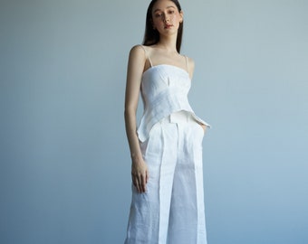 100% Premium Linen Set - Cold Shoulder Linen Bloue - Linen Trousers - White Linen Set - Linen Outfit - Party Linen Set - GIft For Her LAA161