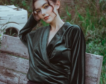 Velvet Wrap Blouse / Women Blouse / Long Sleeve Blouse / Loose Blouse / Winter Blouse / Office Blouse / Reception Blouse LAA143
