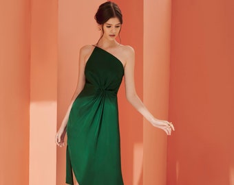 Mulberry Silk Dress - Bridesmaids Dress - Emerald Dress - Mulberry Silk Dress - One Shoulder Dress - High Slit Dress LAA03