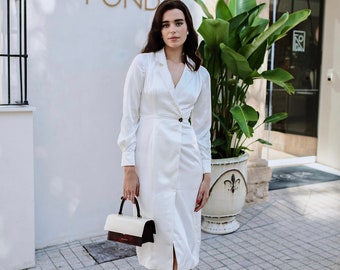 Wikkel zijden jurk - Witte jurk - Jurk voor kantoor - Jurk met lange mouwen - Bruiloftsgastjurk - Cadeau voor haar - Plus size jurk