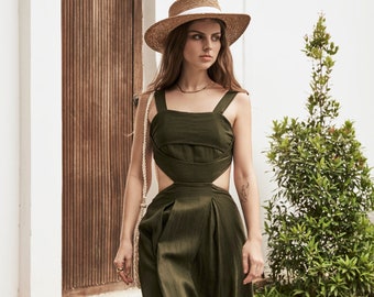 BALI Linen Wide Strap Open Back Midi Dress - Flax Dress - Cut Out Waist Dress - Summer Dress - Resort Dress - Over Size Dress LAA186