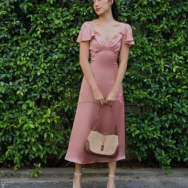 Butterfly Sleeve Silk Dress - Prom Dress - Slip Dress - Bridesmaid Dresses - Long Dress - Engagement dress - Gift for her LADR013