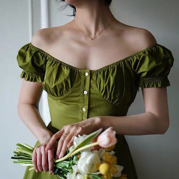 Flax Dress - Lime Green Dress - Milkmaid Dress - Vintage Dress - Midi Dress - Linen Dress - Over Size Dress - Gift For Her LAA32