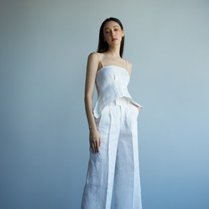 100% Premium Linen Set - Cold Shoulder Linen Bloue - Linen Trousers - White Linen Set - Linen Outfit - Party Linen Set - GIft For Her LAA161