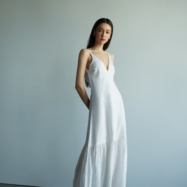 100% Premium Linen Washed - White Dress - Flax Dress - Maxi Dress Party Dress - Maternity Dress - Over Size Dress Cold Shoulder Dress LAA82