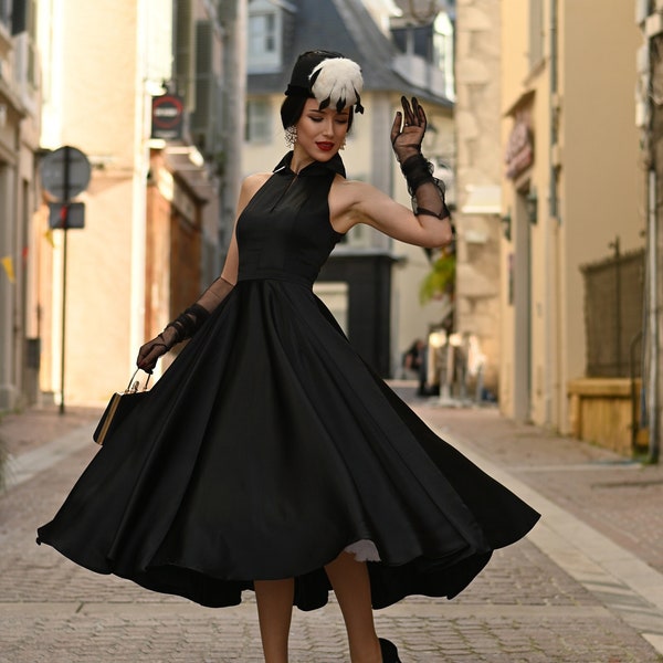 Audrey Hepburn Inspried Dress - Halter Neck Dress - Black Dress - Midi Dress - Silk Dress - Gift For Her - Over Size Dress - Party Dress