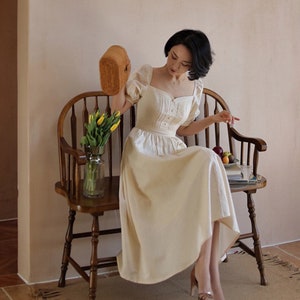 Flax Dress - White Linen Dress - Vintage Dress - Midi Dress - Lolita Dress - Over Size Dress - Gift For Her - Pleated Dress LAA29