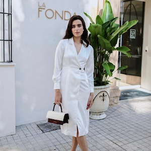 Wrap Silk Dress - White Dress - Dress For Office - Long Sleeve Dress - Wedding Guest Dress - Gift for her - Plus size dress
