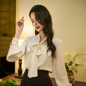 Silk blouse for women - Long Sleeves Silk Shirt - Tie Silk blouse - Puff sleeves top - Office Blouse - Valentine Gift LAA45
