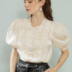 Organza Blouse /Pearl Button Reception Blouse/ Ivory Blouse / Puff Sleeves Blouse / Vintage Blouse/ Graduation Blouse LAA62