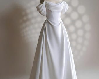 White Wedding Dress - Long Satin Dress - Party Dress - Off The Shoulder Dress - Gift For Her - Engagement Dress - Gift For Bride